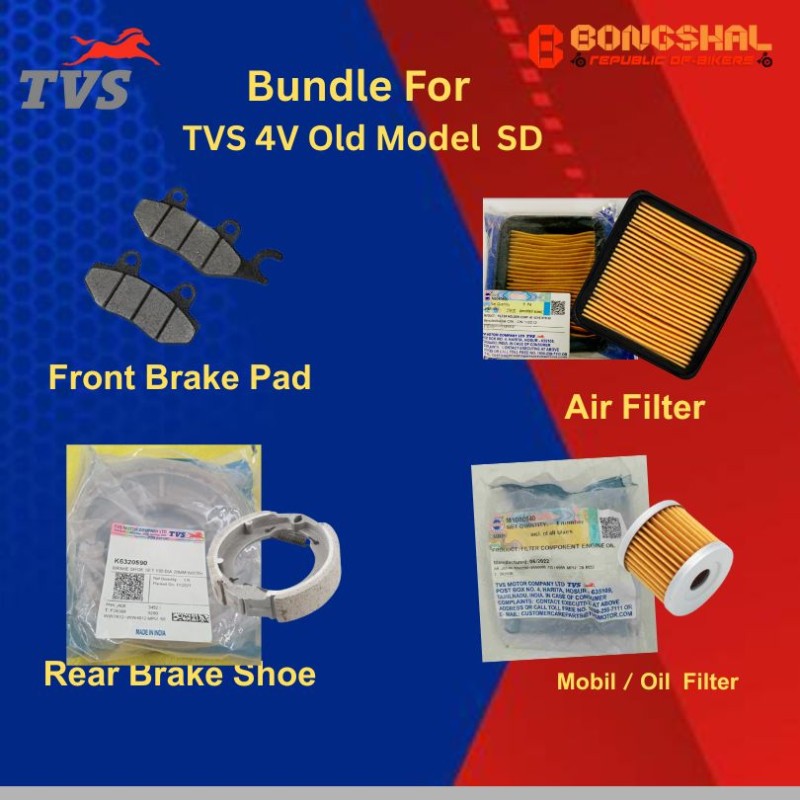 TVS 4V Old Model SD Front Brake Pad + Rear Brake Shoe + Air Filter + Mobil Filter image