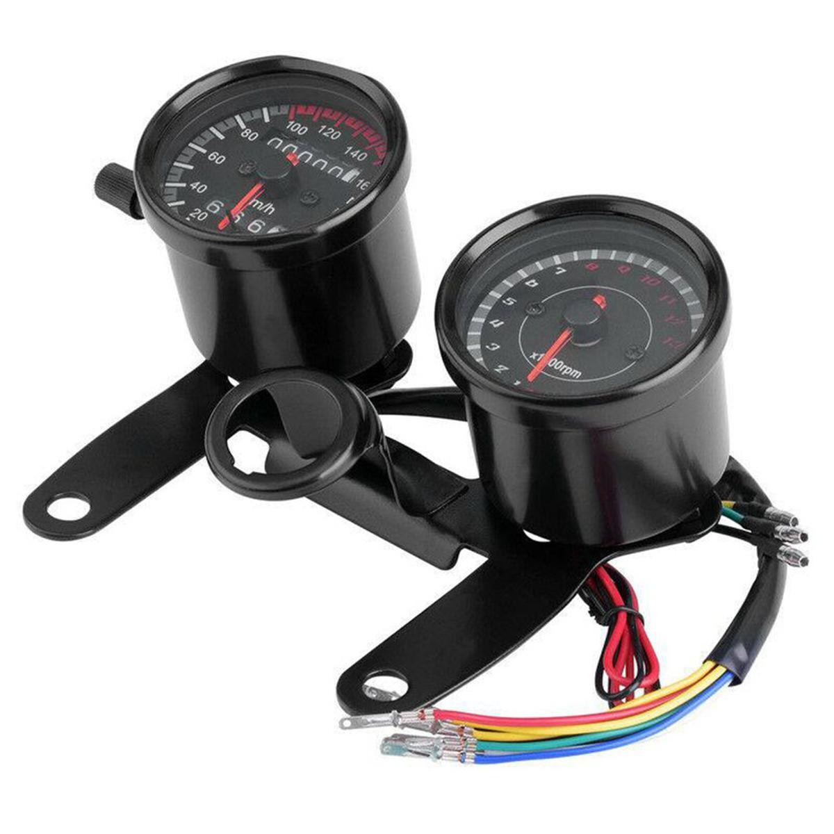 Universal Double Meter Cafe Racer Motorcycle Odometer Speedometer Tachometer LED Speed Meter-Black image