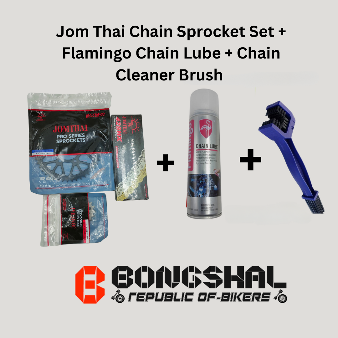Jom Thai Red/Blue Chain with Sprocket Set + Flamingo Chain Lube + Chain Cleaner Brush
